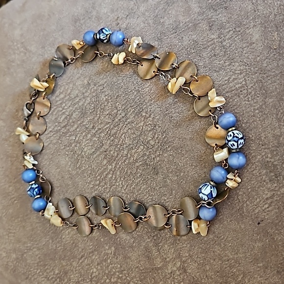 VTG Coldwater Creek Ceramic Shell Bronze Disc Beaded Chain Long Necklace - Picture 2 of 9